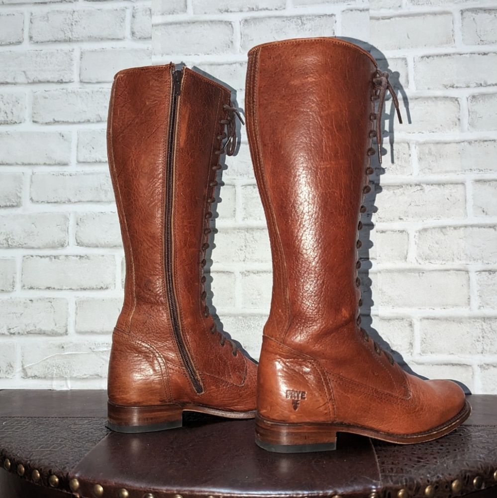 Vntg Frye Vienna Tall Brown Genuine Leather Lace Up Knee High Vintage Zip Boots - Picture 6 of 15